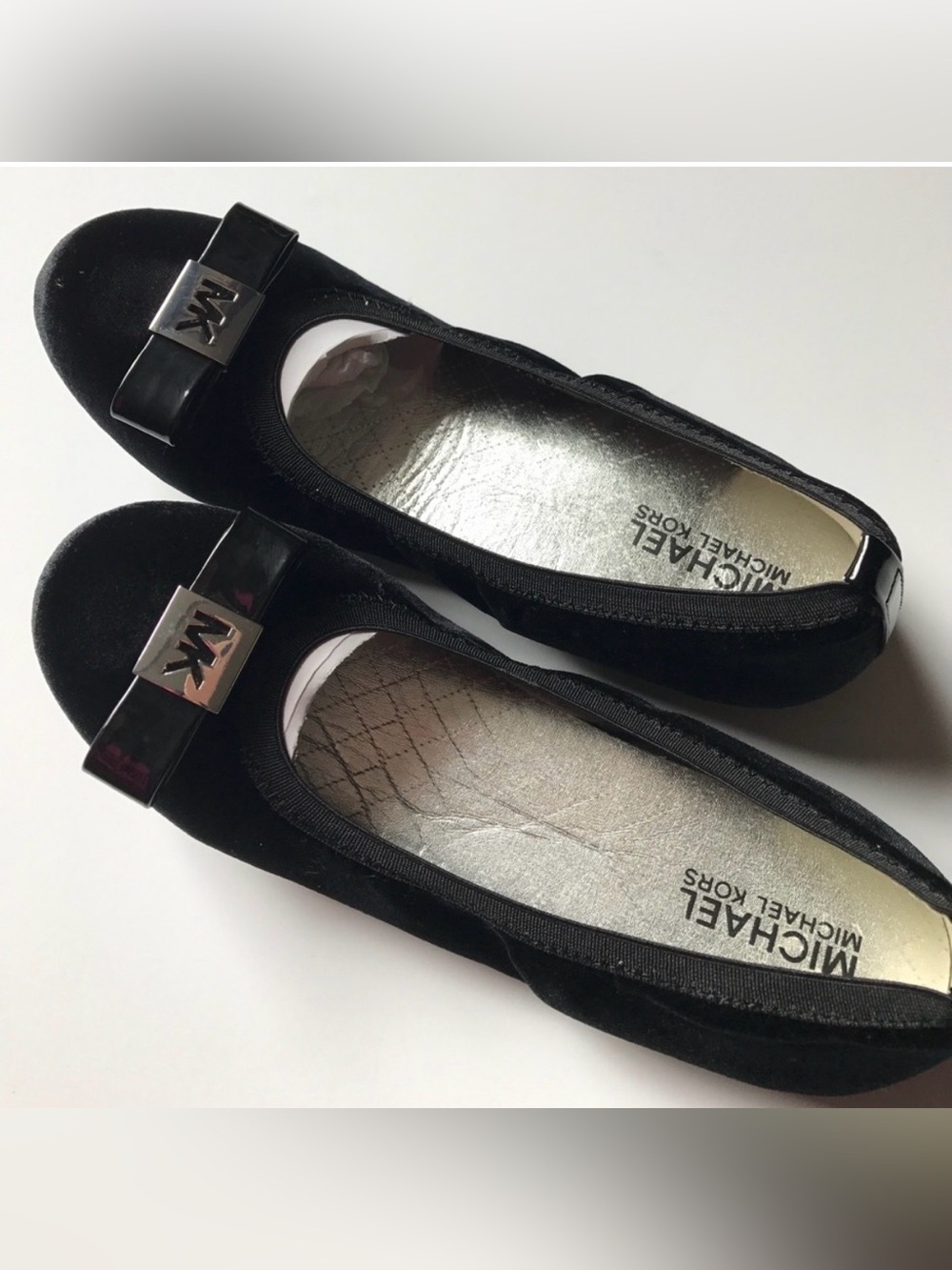 Michael Kors Black Velvet Ballet Flats with Logo Bow